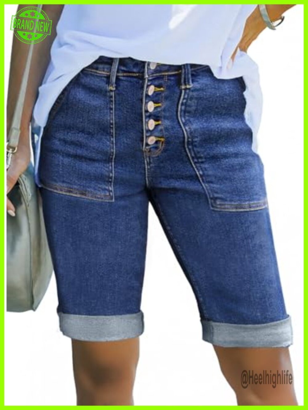 High Waisted Stretchy Jean Shorts Folded Hem Button Fly Pocket Bermuda Casual
